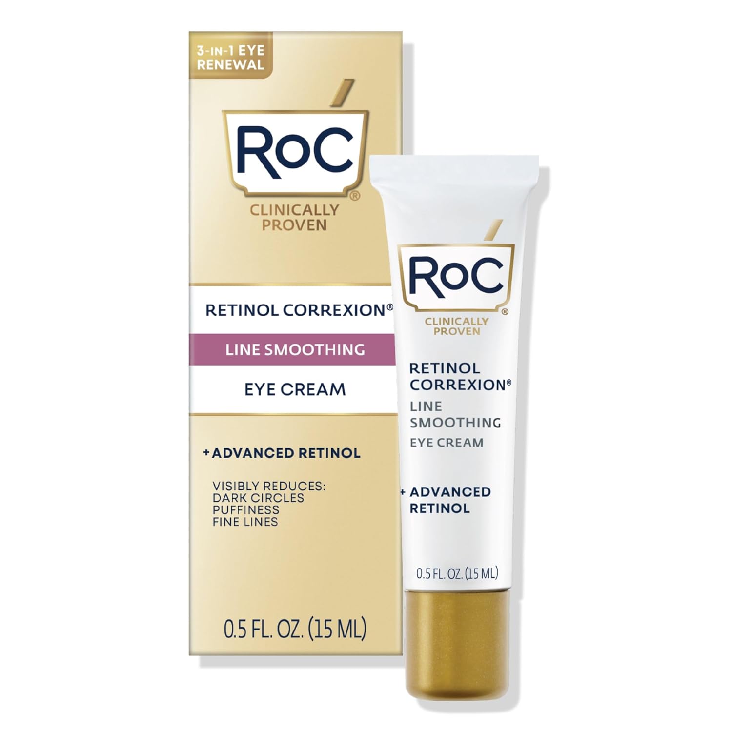 RoC Retinol Correxion Under Eye Cream for Dark Circles & Puffiness, Daily Wrinkle Cream, Anti Aging Skin Care Treatment Women and Men, 0.5 oz (Packaging May Vary)