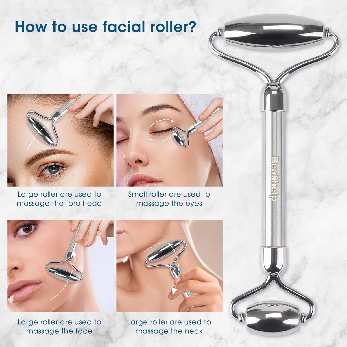 Face Roller and Gua Sha, Stainless Steel Facial Roller and Guasha Tool for Face, Skin Care Roller for Wrinkles and Lifting, Improve Puffiness, Metal Face Massager for Eyes, Neck Tighten