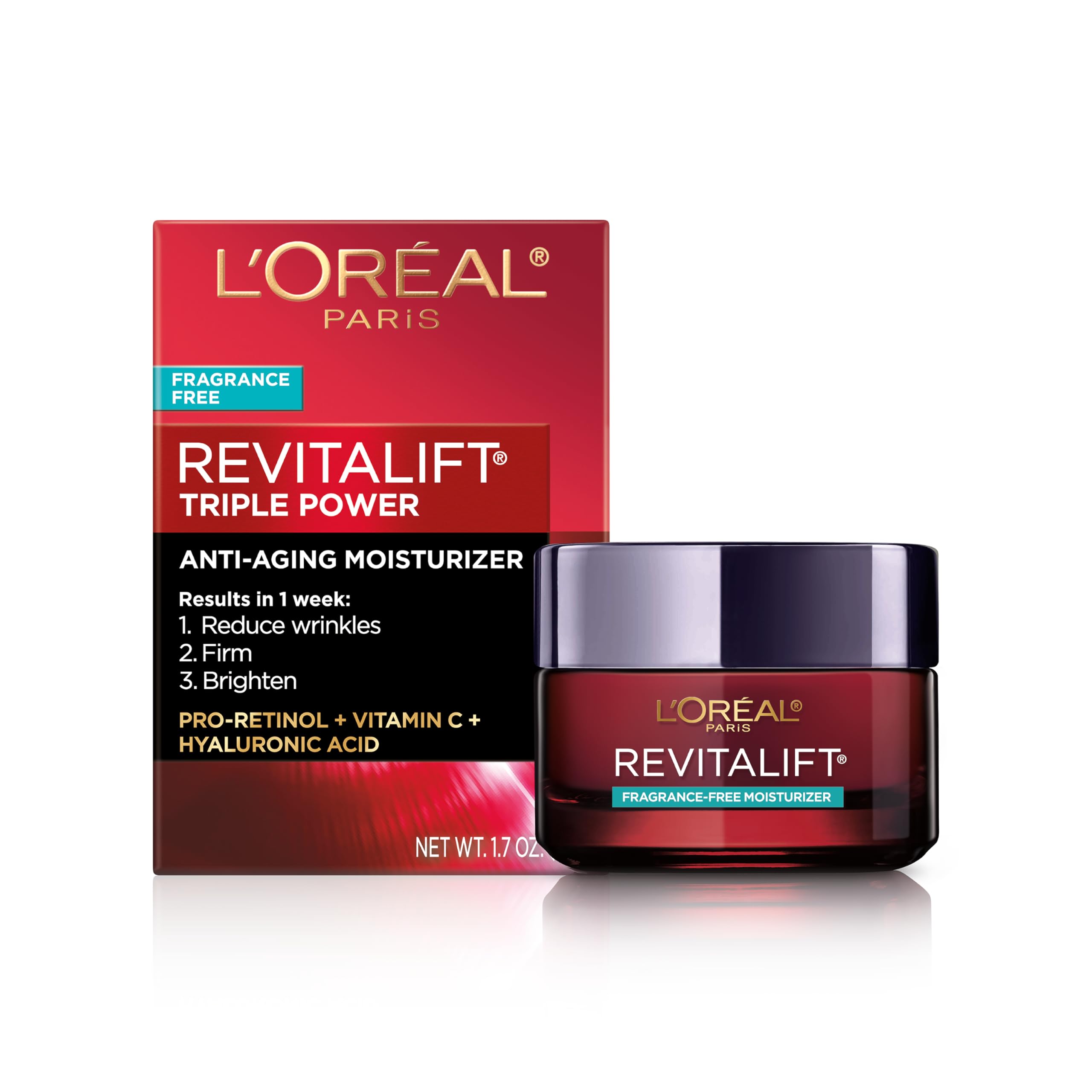 L'Oreal Paris Revitalift Triple Power Anti-Aging Face Moisturizer, Pro Retinol, Hyaluronic Acid & Vitamin C to Reduce Wrinkles, Firm & Brighten Skin, 1.7 Oz