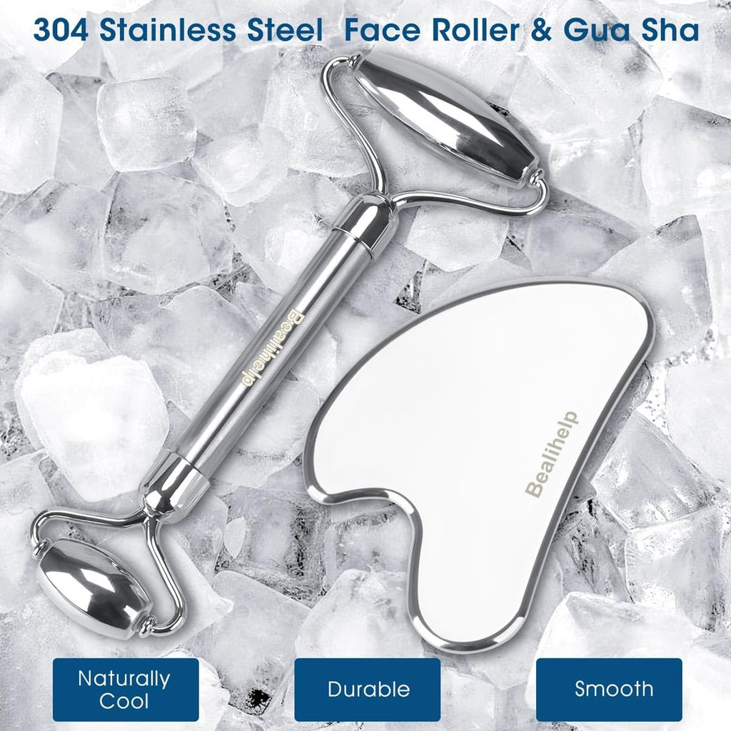 Face Roller and Gua Sha, Stainless Steel Facial Roller and Guasha Tool for Face, Skin Care Roller for Wrinkles and Lifting, Improve Puffiness, Metal Face Massager for Eyes, Neck Tighten
