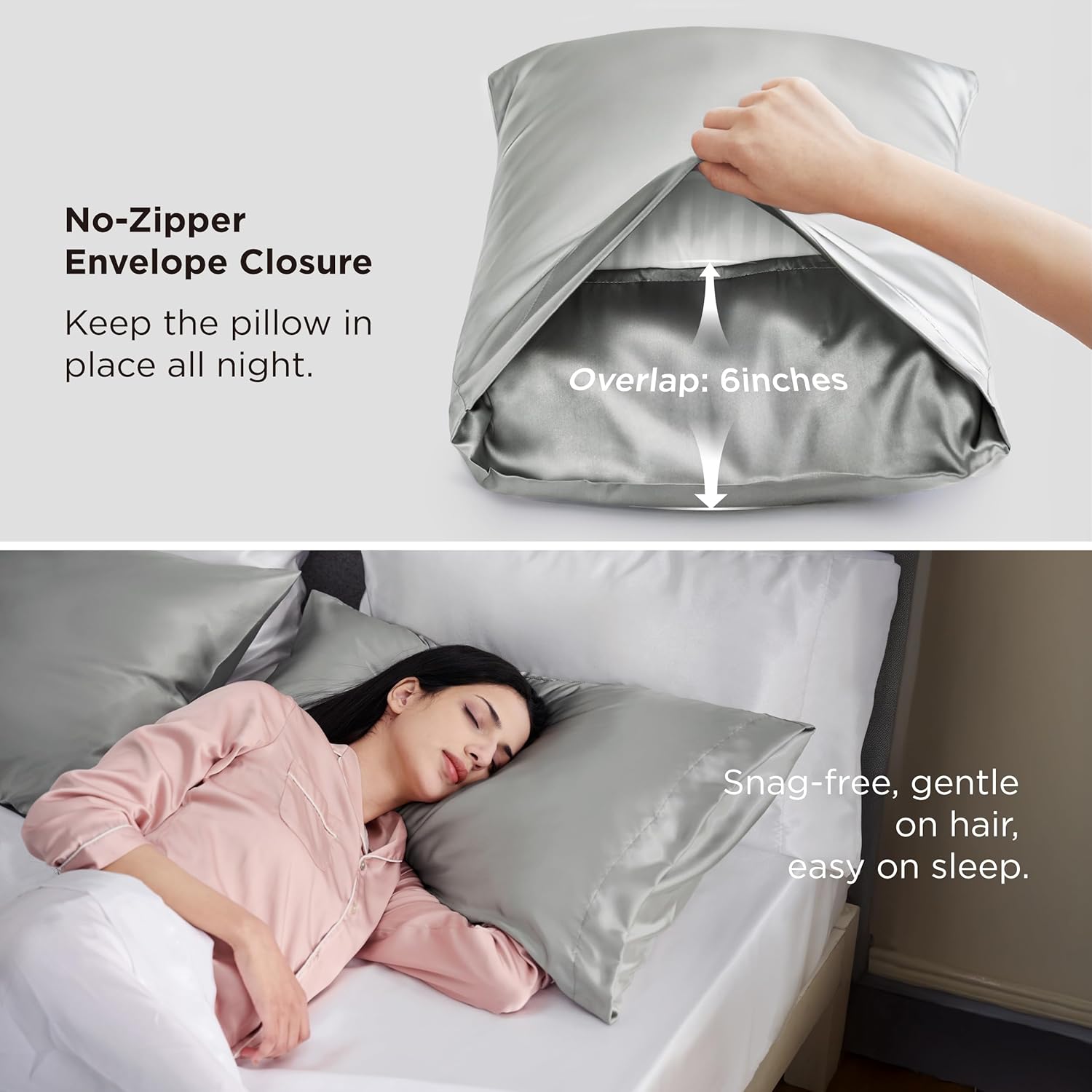 Bedsure Satin Pillowcase, Similar to Silk Pillow Cases Queen Size Set of 2, Cooling Pillow Case Covers with Envelope Closure, Christmas Room Decor Gifts for Women Men, Silver Grey, 20x30 Inches, 2pcs