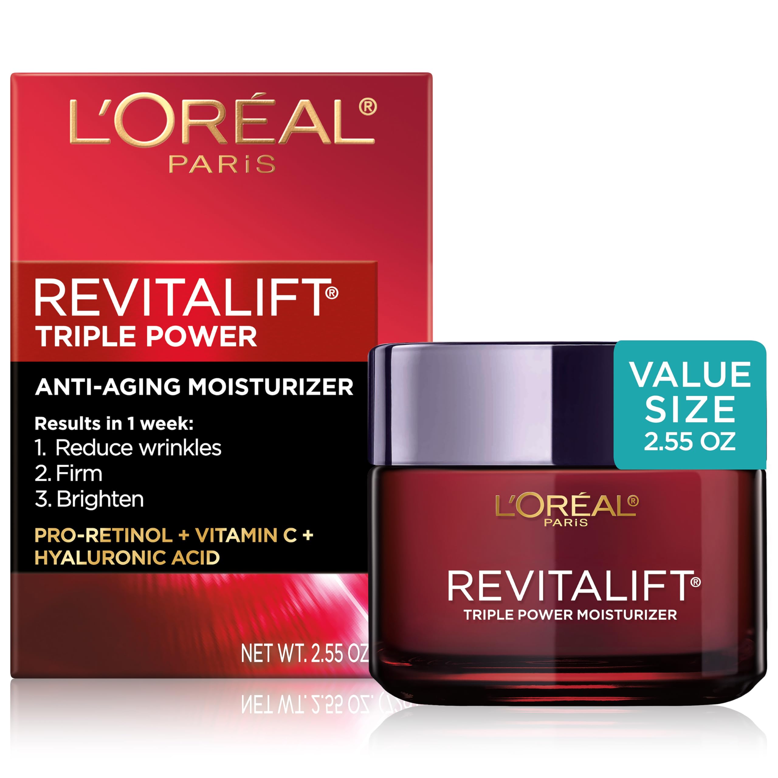 L'Oreal Paris Revitalift Triple Power Anti-Aging Face Moisturizer, Pro Retinol, Hyaluronic Acid & Vitamin C to Reduce Wrinkles, Firm & Brighten Skin, 1.7 Oz